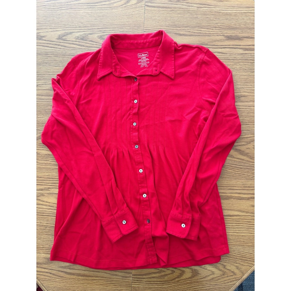 LL Bean Red Supima Cotton Pintuck Button Down Shirt L-REG